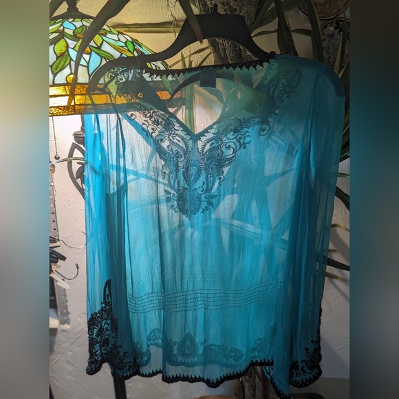 Cache Embellished Turquoise Sheer cover/tunic. - Picture 2 of 7